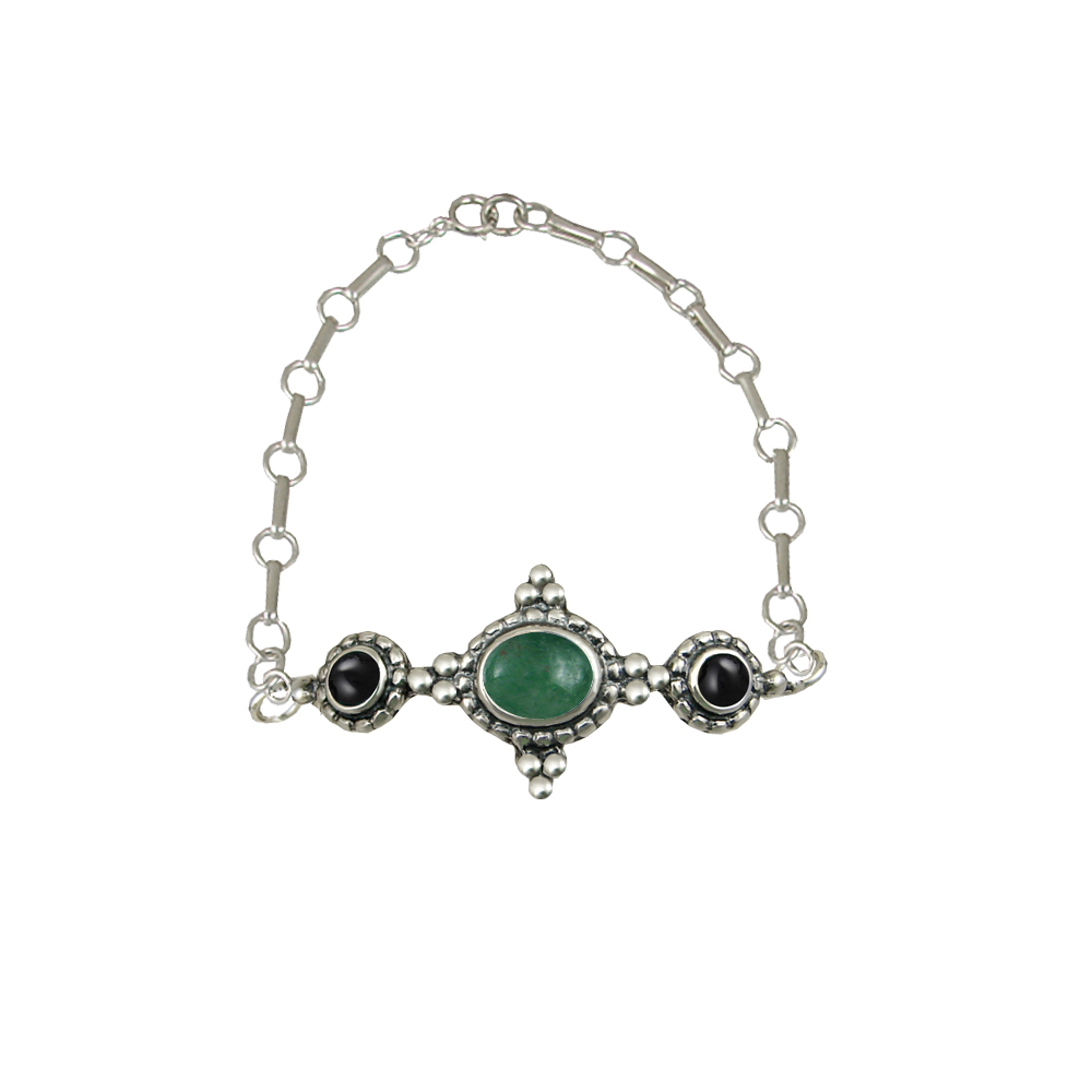 Sterling Silver Gemstone Adjustable Chain Bracelet With Jade And Black Onyx